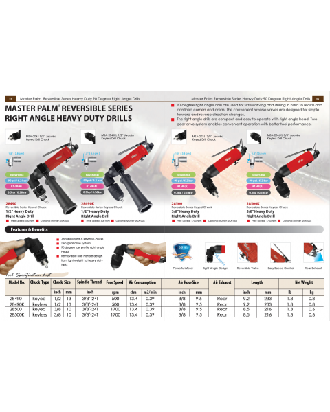 MPT-28490 Industrial 1/2" Keyed Jacobs Chuck 90 Degree Angle Drill With Side Handle, Low Profile Right Angle, 500 Rpm