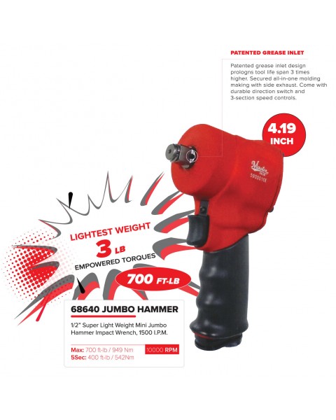 Master Palm 1/2" Ultra Compact Small Air Impact Wrench - 700 Ft/lb - 949 Nm